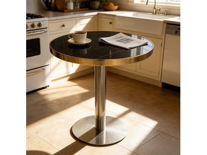 Table basse fixe ronde avec plateau effet marbre uv et piètement doré stable en acier inoxydable pour salon, noir - Conforama C