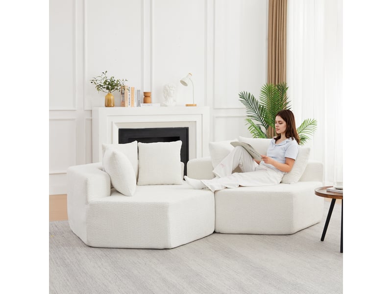  Canapé 1 place modulable hexagonal en chenille bouclée, avec 3 coussins, module lounge adapté au salon et chambre - beige  - Conforama B