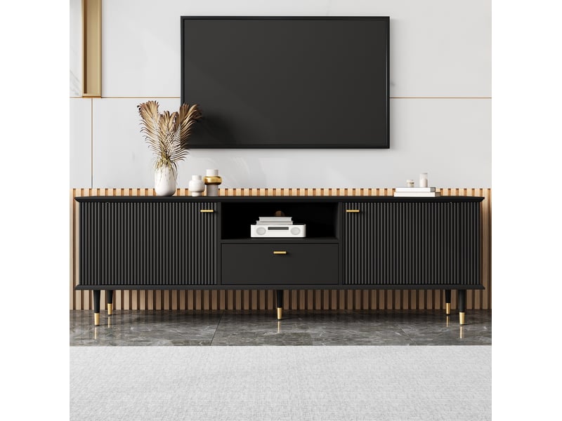  Meuble tv noir 170 x 36 x 54 cm, mdf laqué, 2 portes, tiroir et niche ouverte  - Conforama B