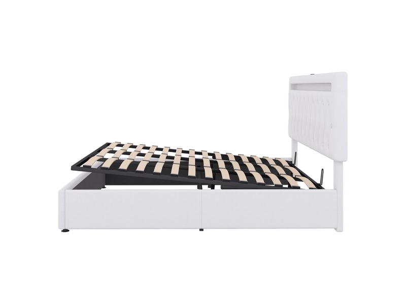  Lit rembourré avec rangement hydraulique, led multicolore et usb, blanc, 180x200 cm  - Conforama D