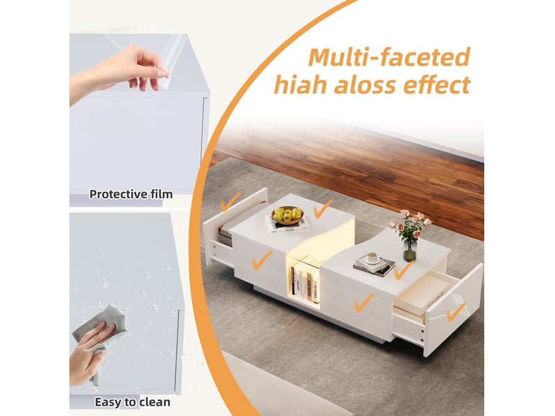  Table basse moderne 100x50x35 cm avec 2 tiroirs, rangement et led, plateau en acrylique, pour salon, mdf blanc laqué  - Conforama E
