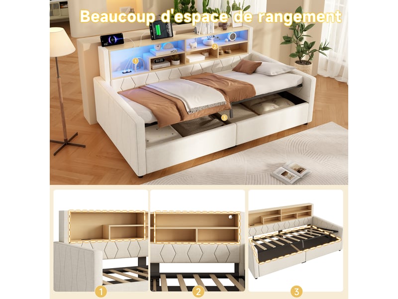  Canapé-lit coffre 90 x 200 cm - avec prise électrique - avec port usb - avec bande lumineuse led - beige (matelas non inclus)  - Conforama E