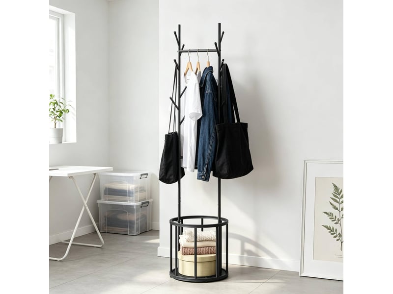 Porte-manteau sur pied arbre en métal noir avec panier de rangement - Conforama D