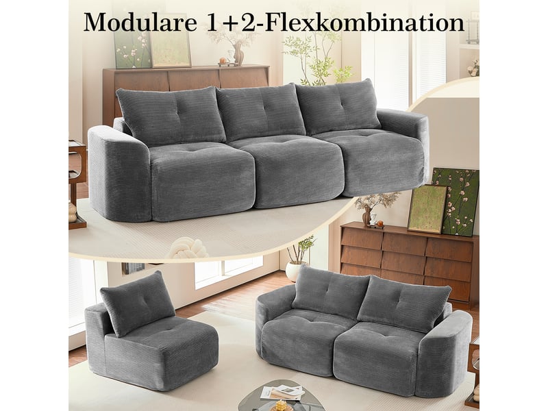 Canapé modulable 3 places 279 x 100 x 84 cm style wabi-sabi avec module 1 place amovible, relief côtelé et formes arrondies, velours côtelé, gris OMNIGLINT TRADING LTD - Conforama E