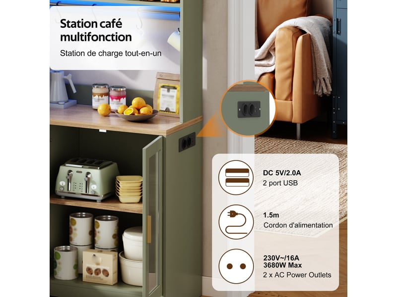  Buffet haut de cuisine 110 x 40 x 178 cm avec 4 portes vitrées, led, 2 prises + 2 usb, porte-bouteilles, plateau effet bois, vert Sol Morn - Conforama E