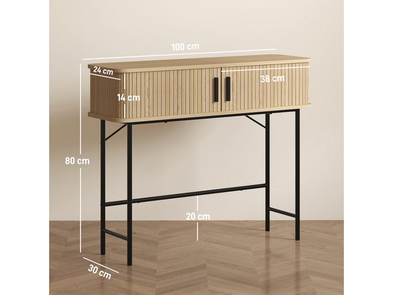  Console meuble, table console avec portes coulissantes à lattes et pieds en acier, pour salon, chêne et noir  - Conforama E