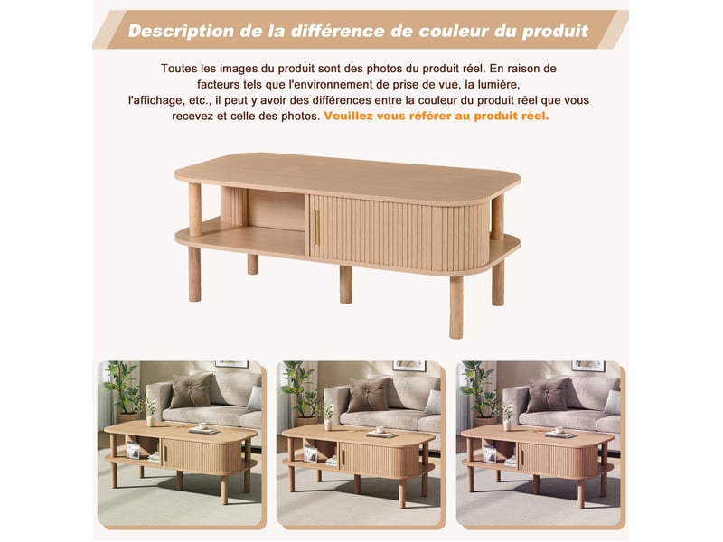  Table basse avec porte coulissante, niche ouverte et rangement fermé, style scandinave, salon, mdf, bois naturel, 110 × 55 × 45 cm  - Conforama E
