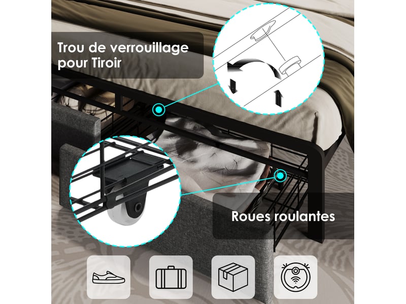  Lit coffre 160 × 200 cm 2 places avec led, usb, type-c, rangement et 2 tiroirs, sans matelas, en lin gris  - Conforama E
