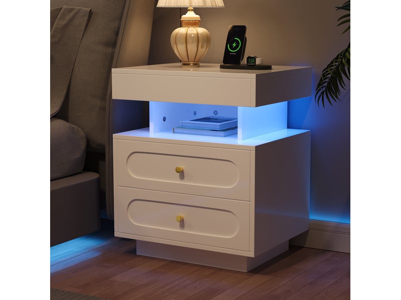  Table de chevet led avec 2 tiroirs et niche ouverte blanc evryae  - Conforama D