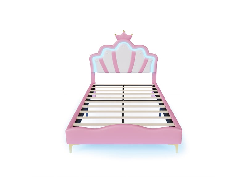  Lit simple 140x190 cm, lit capitonné enfant avec rgb led et tête de lit couronne réglable, lit capitonné avec sommier, rose  - Conforama A