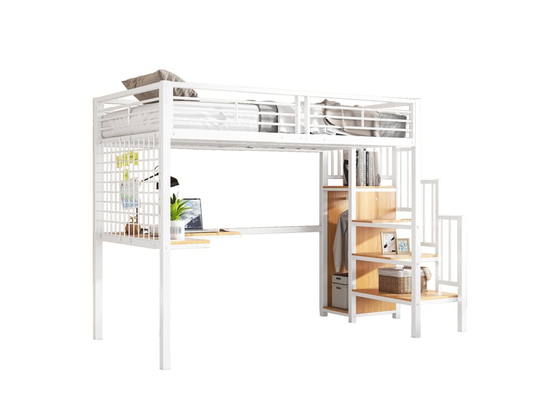  Modenvie lit mezzanine 90x200 cm - avec armoire intégrée, escalier latéral - sans matelas - blanc  - Conforama A