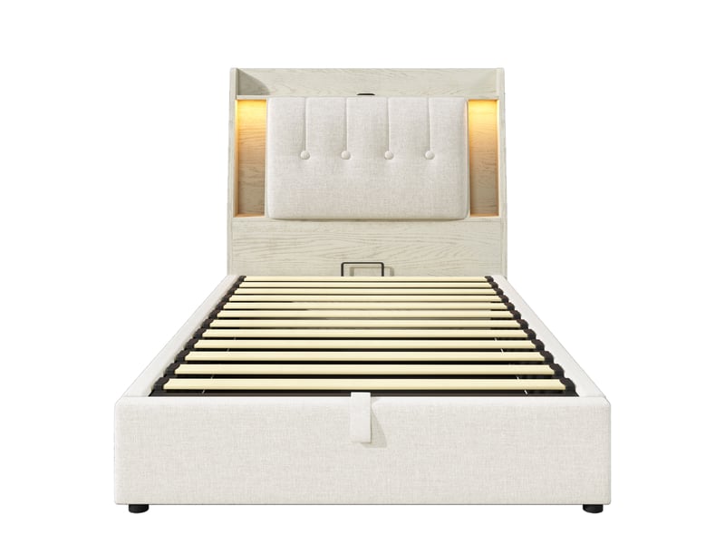  Lit rembourré beige 90x200 cm avec rangement, usb-c et led  - Conforama A