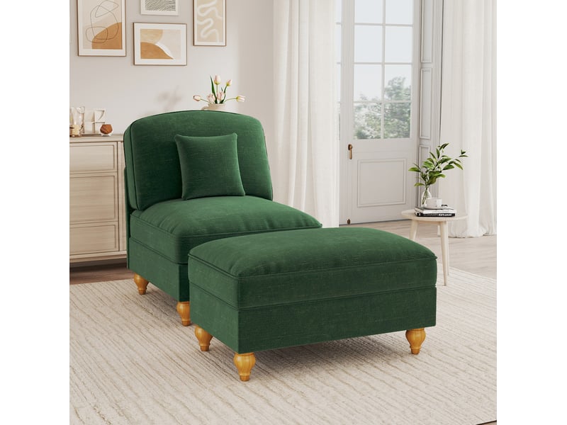  Fauteuil de salon modenvie en chenille vert avec pouf mobile, jupe à volants amovible et pieds en fuseau  - Conforama D