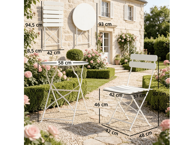  Salon de jardin pliant 2 places ø 58 cm – crème – table ronde avec 2 chaises en métal, sans montage  - Conforama C