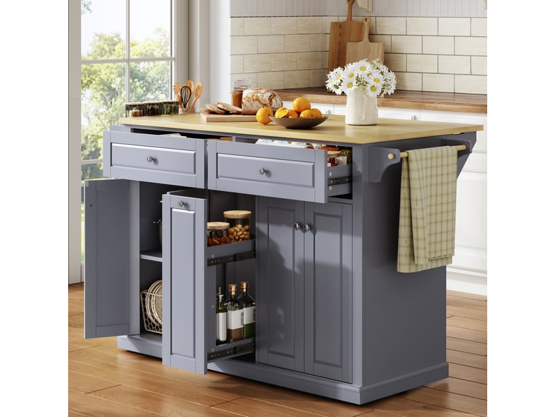  Île de cuisine mobile avec plateau de travail pliant, chariot de cuisine, meuble de rangement, avec 2 grands tiroirs verticaux, 2 grands tiroirs et roues verrouillables, 121 × 49 (69) × 89 cm  - Conforama E