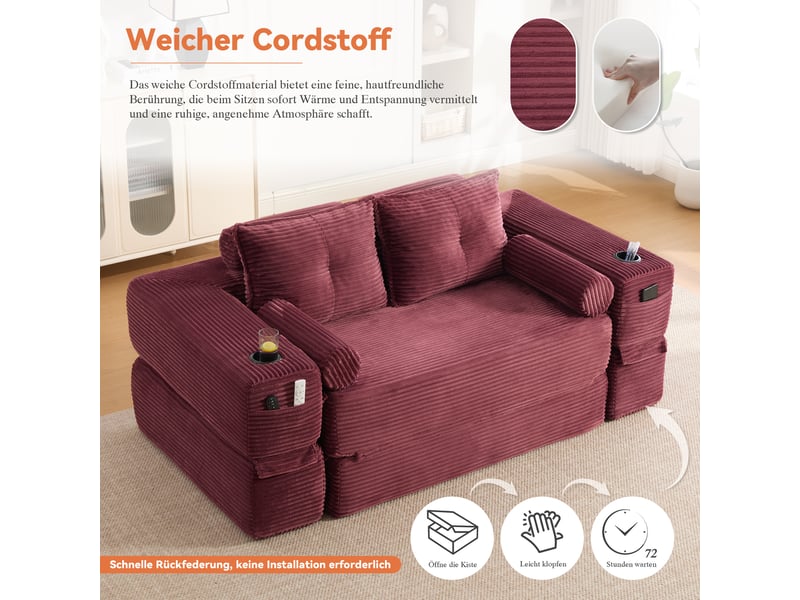  Canapé droit convertible 2 places en velours côtelé rouge 180x98x80 cm, avec poches, porte-gobelet, salon séjour 180x98x80cm - Conforama R