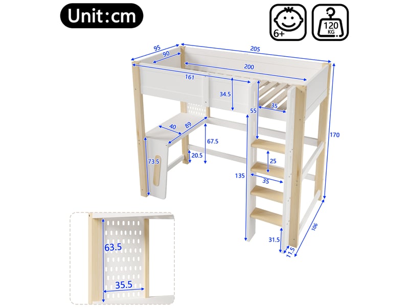 Lit mezzanine 90x200 cm en pin, bureau, panneau perforé, bandeau led, sans matelas, naturel + blanc - Conforama C