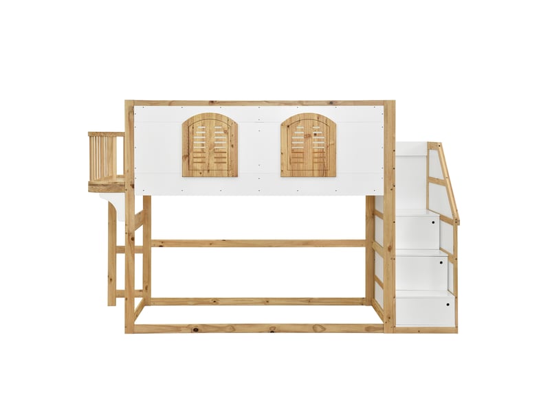  Lit mezzanine enfant 90x200 cm avec escalier de rangement et espace de jeu, bois et mdf, blanc et naturel sans matelas  - Conforama E