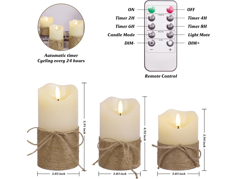 3 bougies pilier led sans flamme avec mèche 3d et corde de jute, effet vacillant, télécommande et minuterie, 101315 cm, modèle « bullet » + télécommande rechargeable - Conforama C