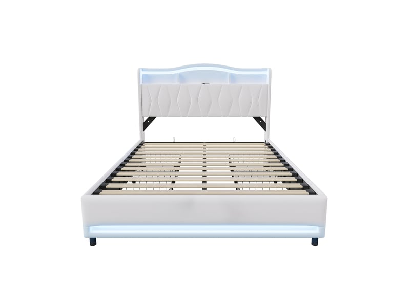  Cadre de lit 160×200 cm velours beige à 4 tiroirs de rangement, tête de lit multifonction étagères + compartiment caché, éclairage rgb tête + pied de lit, ports usb‑c, sommier à lattes inclus  - Conforama R