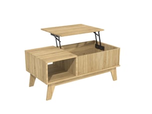 Table basse relevable chêne avec plateau réglable en hauteur, grand rangement compartimenté et design à stries verticales
