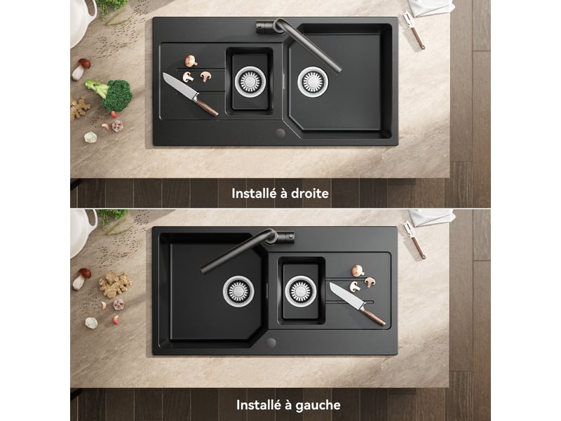  Anycee max évier de cuisine en granit 86x45cm - évier 1,5 bac - avec bac principal et bac secondaire - avec siphon et crépine - noir  - Conforama D