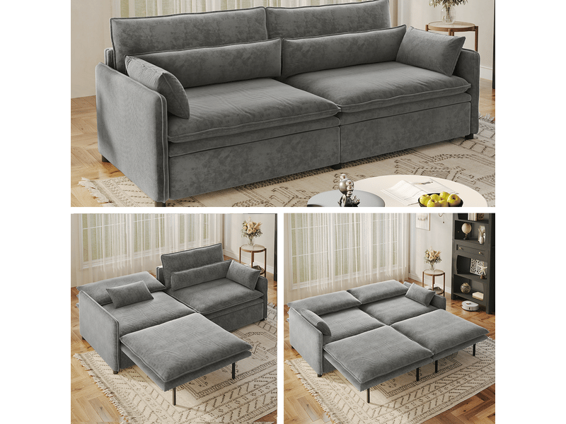  Canapé droit convertible 3 places en tissu gris clair, rangement intégré et dossier réglable, 206 cm pour salon  - Conforama B