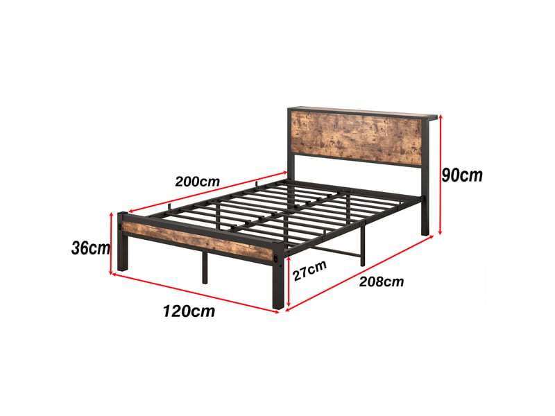  Lit simple 120×200 cm avec tête de lit et rangement - okmyhome- sans matelas, mdf et métal, brun antique  - Conforama D