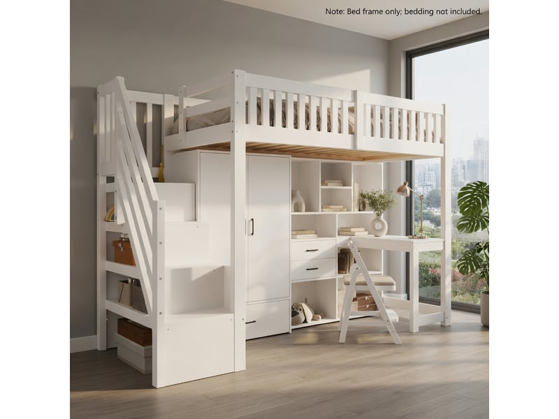  Gutenacht lit mezzanine 90x200 cm blanc avec penderie, bureau, échelle et tiroirs  - Conforama B
