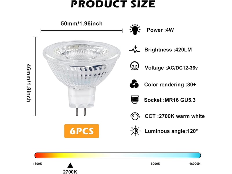  6 ampoules gu5.3 5w 2700k 12v 350lm  - Conforama C