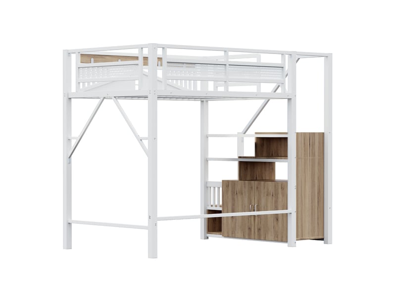  Lit mezzanine blanc 140x200cm avec escalier rangement, fenêtre, sécurité renforcée, gain de place - fer et mdf - pour enfant ado  - Conforama D