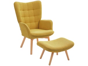 Fauteuil d'appoint avec repose-pieds, fauteuil inclinable aspect velours côtelé, fauteuil à pieds en bois, pour salon, orange