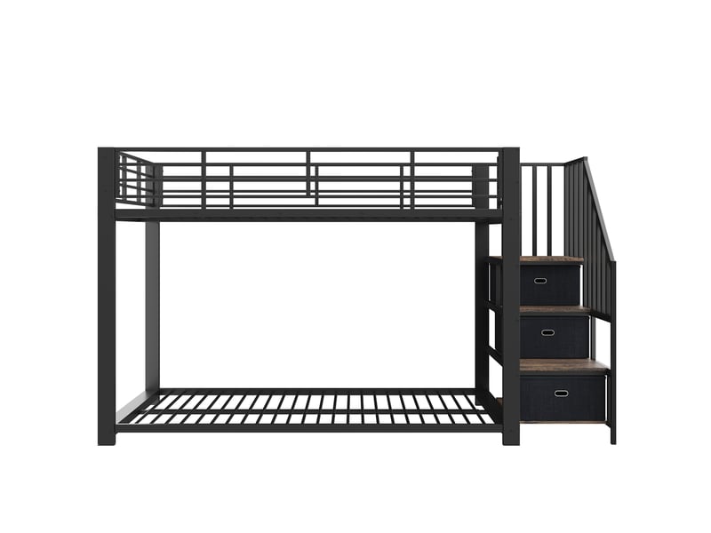  Lit superposé 90x200 cm avec escalier de rangement led et usb, métal noir, sans matelas  - Conforama R