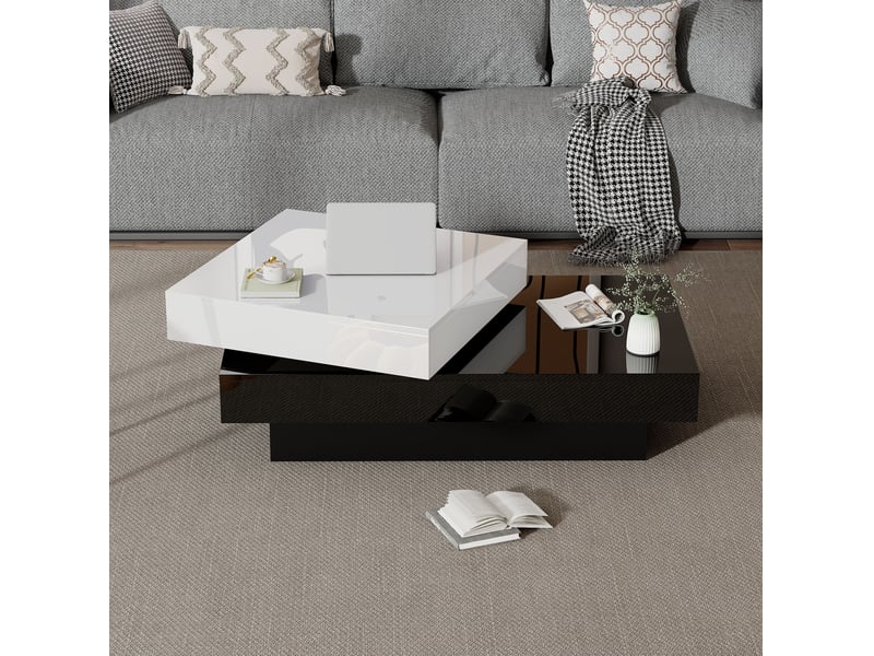  Table basse pivotante avec 2 niveaux de rangement, plateau brillant bicolore pour salon, 103 × 60 × 35,5 cm  - Conforama C