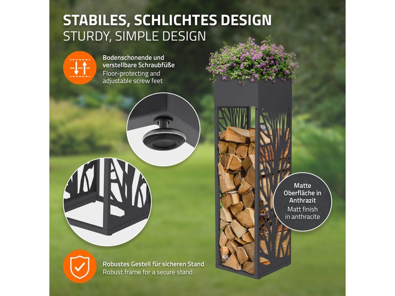  Ml-design range-bûches modulable avec jardinière en acier galvanisé, intérieur et extérieur, résistant aux intempéries, rangement bois de chauffage, motif de branches, anthracite, 30 x 30 x 111 cm ECD Germany GmbH - Conforama C