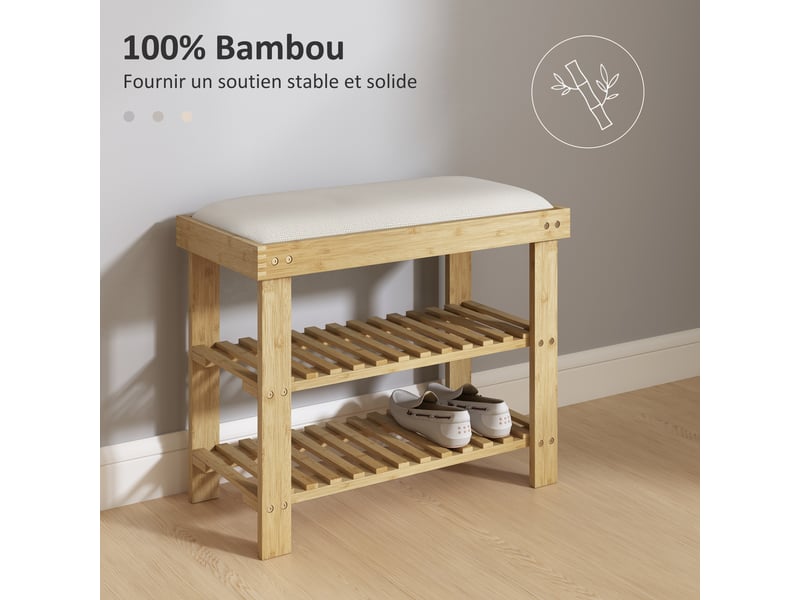  Banc à chaussures en bambou, étagère à chaussures à 3 niveaux, style scandinave, crème et bois naturel, 60 x 29 x 49 cm  - Conforama R