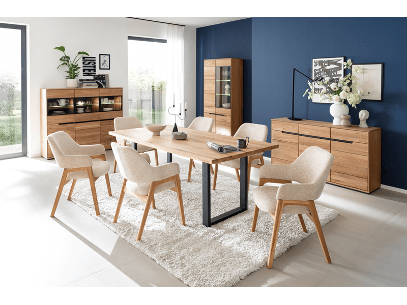  Table à manger avec bord droit coloris chêne massif naturel et pieds en métal noir  - longueur 200 x profondeur 100 x hauteur 76 cm  - Conforama B