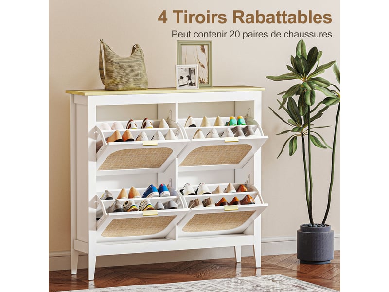  Meuble à chaussures 20 paires bohème avec 4 tiroirs rabattables, portes effet cannage rotin, blanc, 105 x 24 x 95,5 cm  - Conforama E