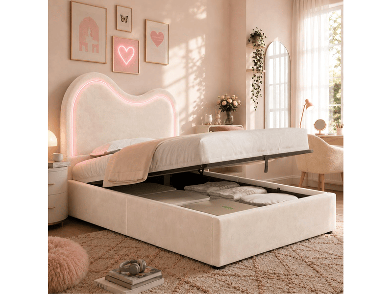  Lit enfant 90 × 200 cm avec coffre hydraulique, éclairage led réglable, tête de lit en velours, sans matelas beige  - Conforama B