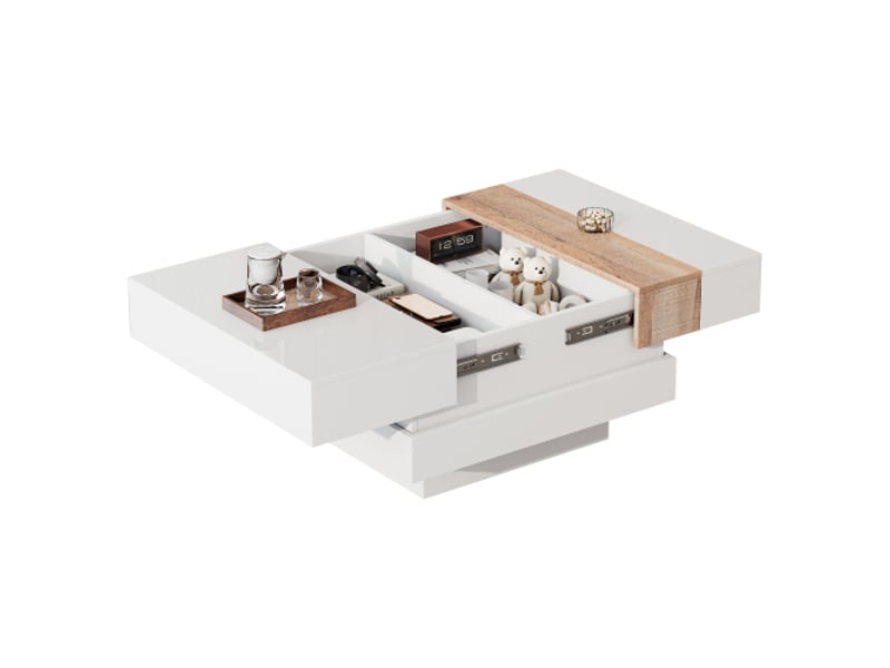 Table basse carrée 70x70x39 cm, plateau extensible, rangement caché et cloisons, blanc brillant + couleur primaire - Conforama D