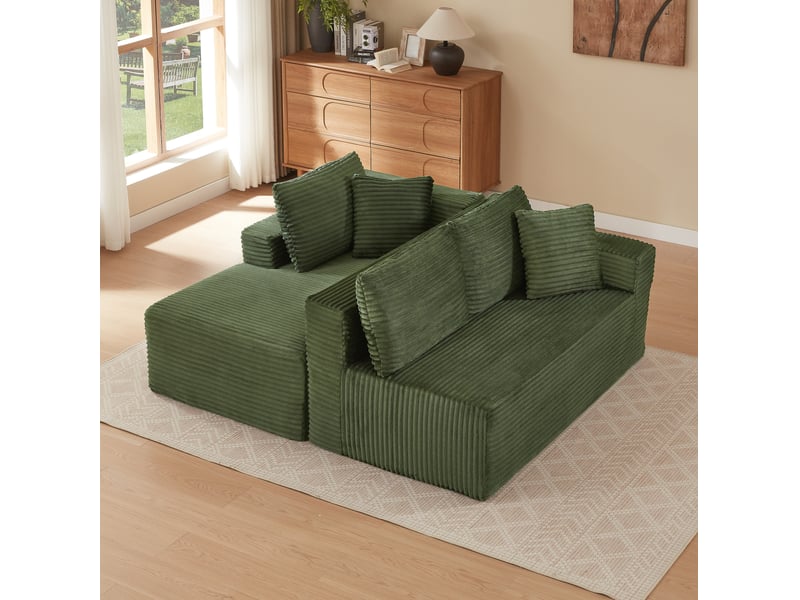  Canapé d’angle modulaire 4 places avec méridienne et coussins amovibles, en mousse et ressorts vert  - Conforama D