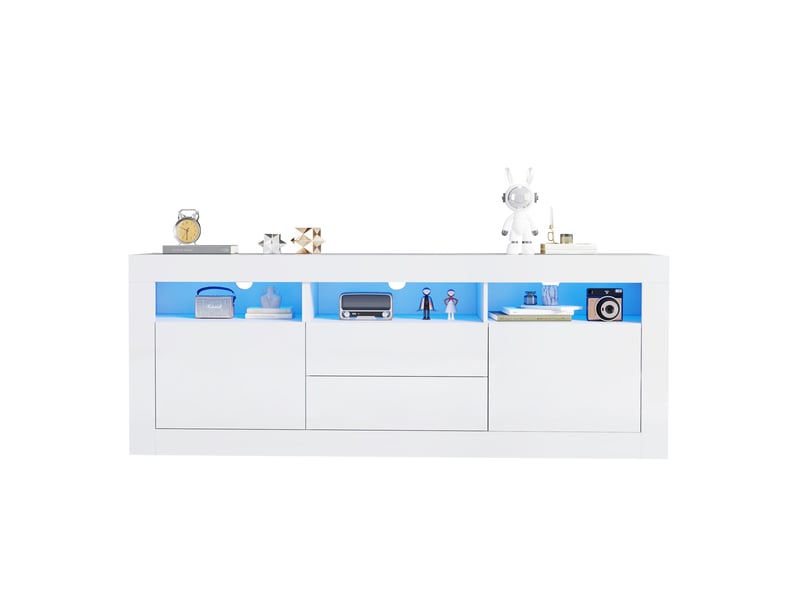  Meuble tv 160x35x60 cm led façade haute brillance panneau de particules blanc  - Conforama A