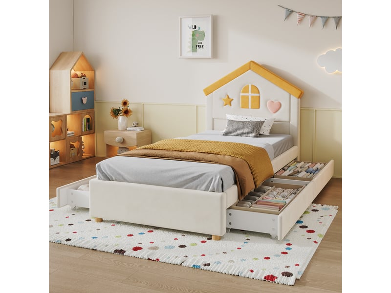  Lit enfant 90 x 200 cm, tête de lit cabane rembourrée, 4 tiroirs de rangement, revêtement velours, beige evarich - Conforama E