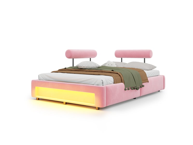 Lit capitonné 140x200 cm à 2 dossiers réglables et éclairage led, velours rose - Conforama A