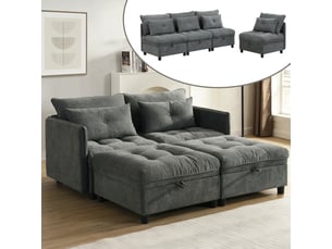 Canapé droit convertible   4 places Tissu gris avec coffre de rangement
