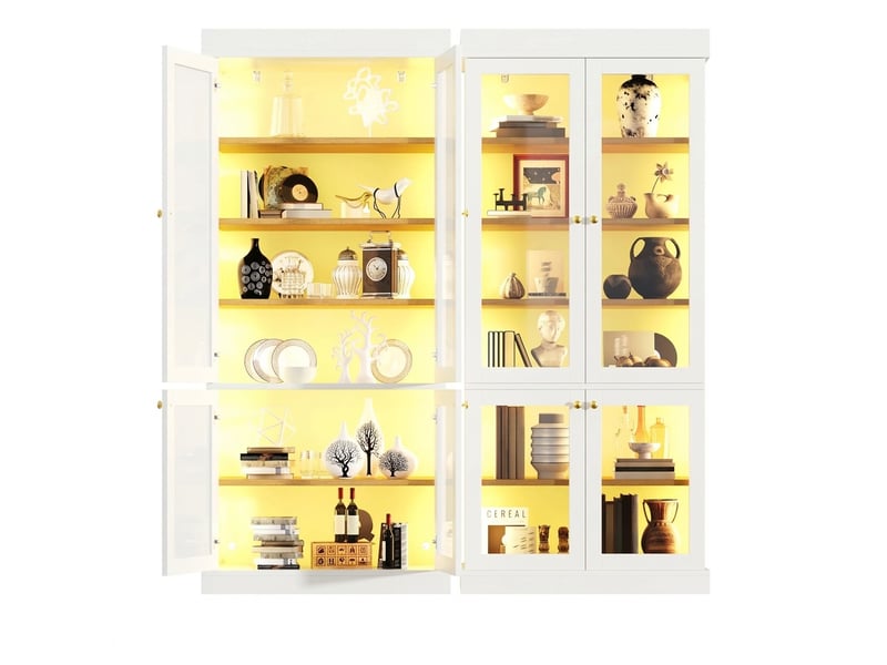  Buffet de cuisine haut blanc en mdf 160x40x180 cm avec vitrine en verre et led  - Conforama A