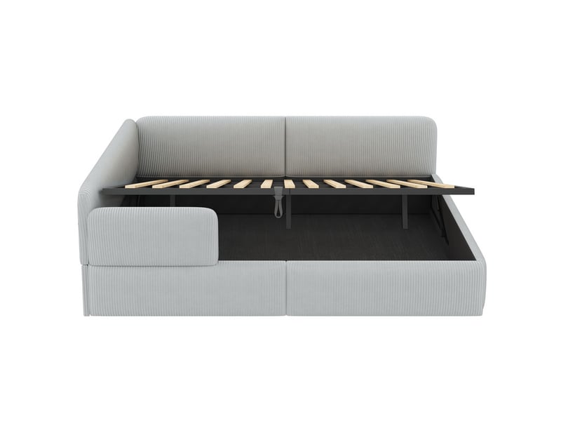  Lit rembourré 140 x 200 cm avec espace de rangement sous le lit et barrière de sécurité latérale, gris  - Conforama A