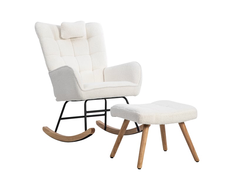  Fauteuil à bascule blanc avec repose-pieds et coussin, tissu bouclette, cadre en bois d'hévéa, assise 65 cm  - Conforama A