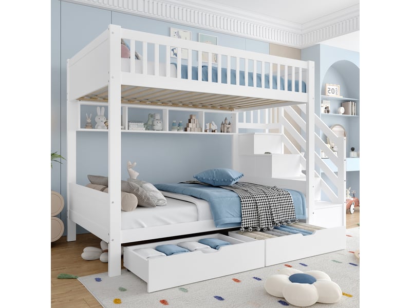  Lit superposé enfant 90x200 cm avec rangement et tiroirs, coloris blanc  - Conforama E