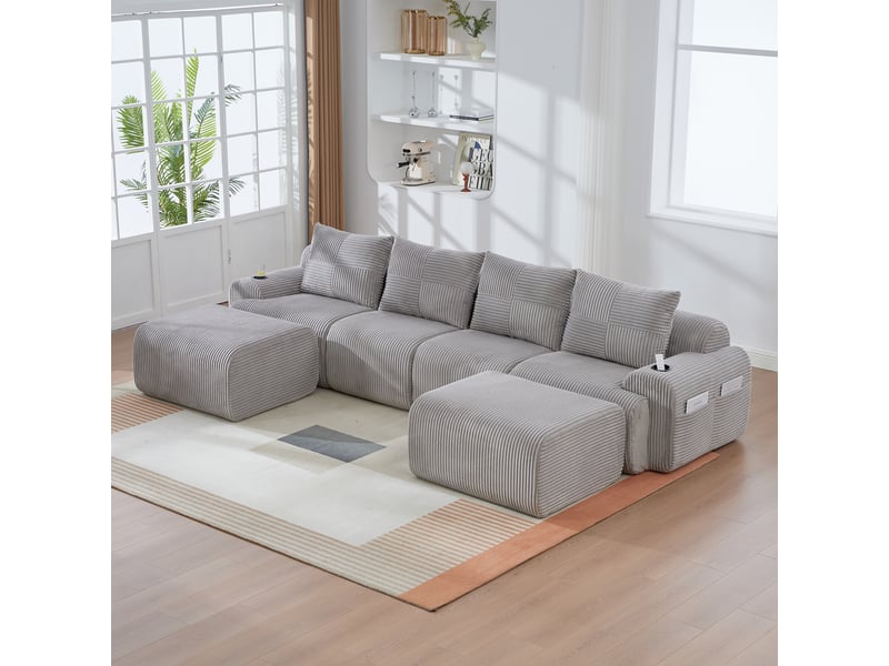 Canapé modulaire 4 places en velours côtelé gris clair, avec 2 poufs, porte-gobelet et rangement, salon contemporain - Conforama W